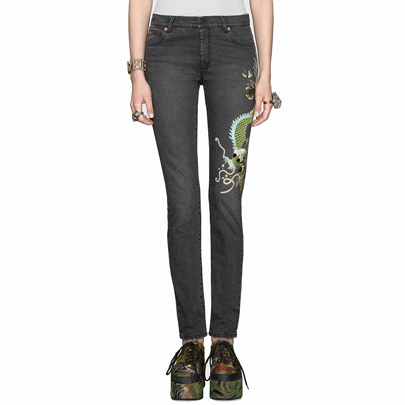 sz 28 NEW $1300 GUCCI Gray GREEN CHINESE DRAGON EMBROIDERY Denim SKINNY JEANS