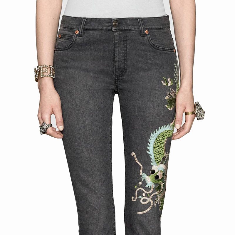 sz 28 NEW $1300 GUCCI Gray GREEN CHINESE DRAGON EMBROIDERY Denim SKINNY JEANS