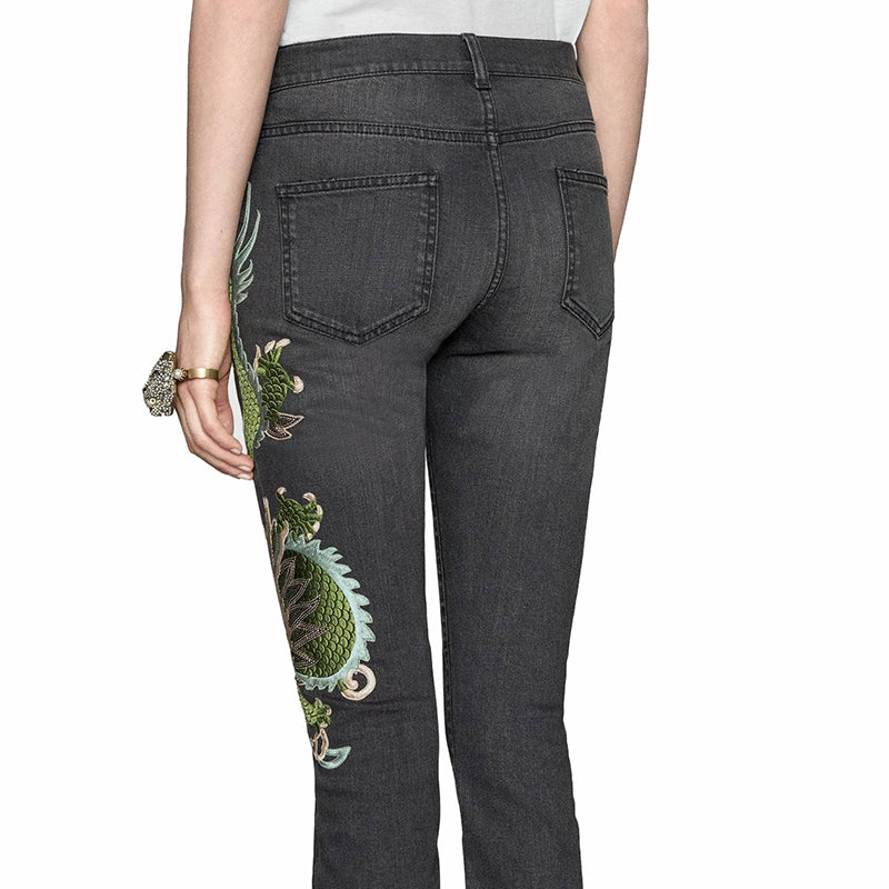 sz 28 NEW $1300 GUCCI Gray GREEN CHINESE DRAGON EMBROIDERY Denim SKINNY JEANS