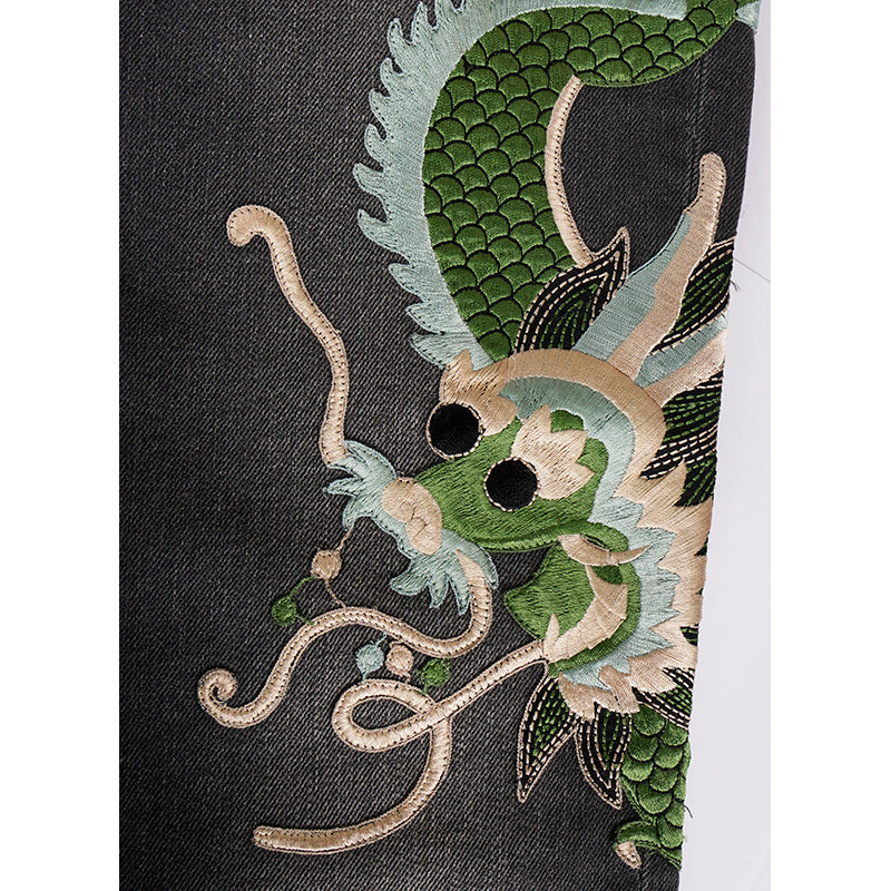 sz 28 NEW $1300 GUCCI Gray GREEN CHINESE DRAGON EMBROIDERY Denim SKINNY JEANS