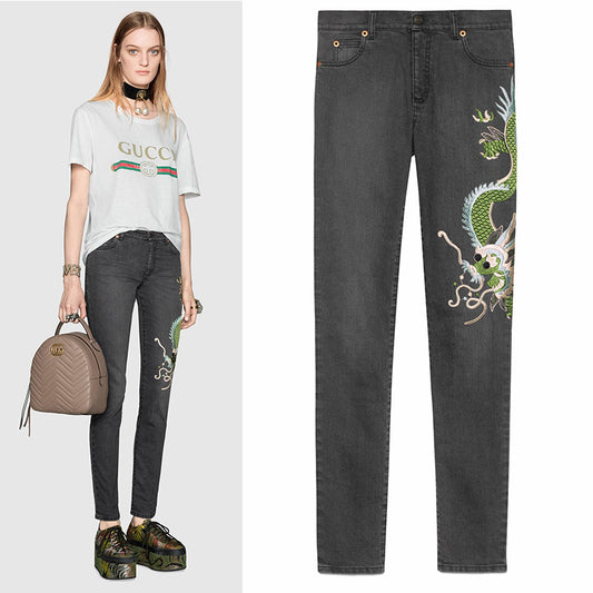 sz 28 NEW $1300 GUCCI Gray GREEN CHINESE DRAGON EMBROIDERY Denim SKINNY JEANS