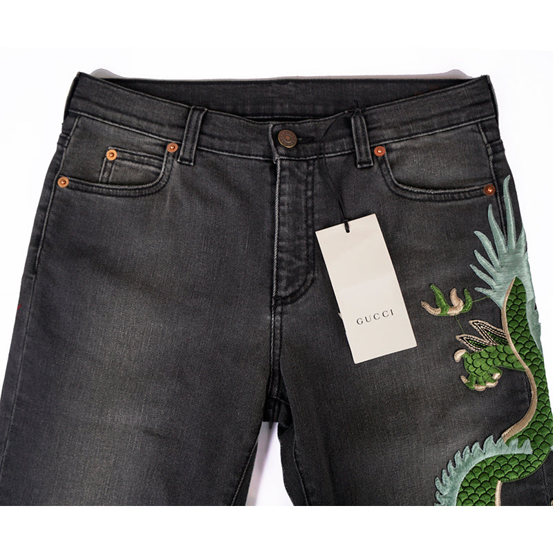 sz 28 NEW $1300 GUCCI Gray GREEN CHINESE DRAGON EMBROIDERY Denim SKINNY JEANS