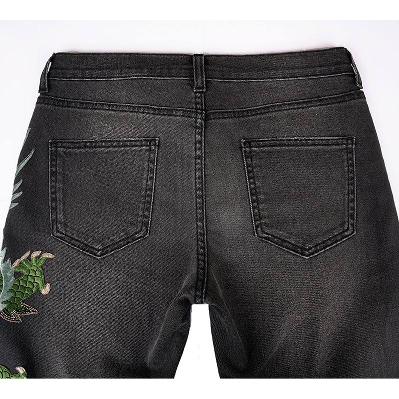 sz 28 NEW $1300 GUCCI Gray GREEN CHINESE DRAGON EMBROIDERY Denim SKINNY JEANS