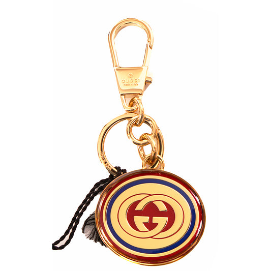 NEW $495 GUCCI Gold Tone Brass Interlocking GG LOGO Red/Blue Enamel KEYCHAIN NIB