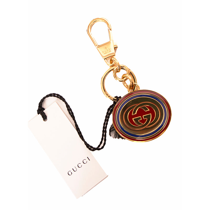 NEW $495 GUCCI Gold Tone Brass Interlocking GG LOGO Red/Blue Enamel KEYCHAIN NIB