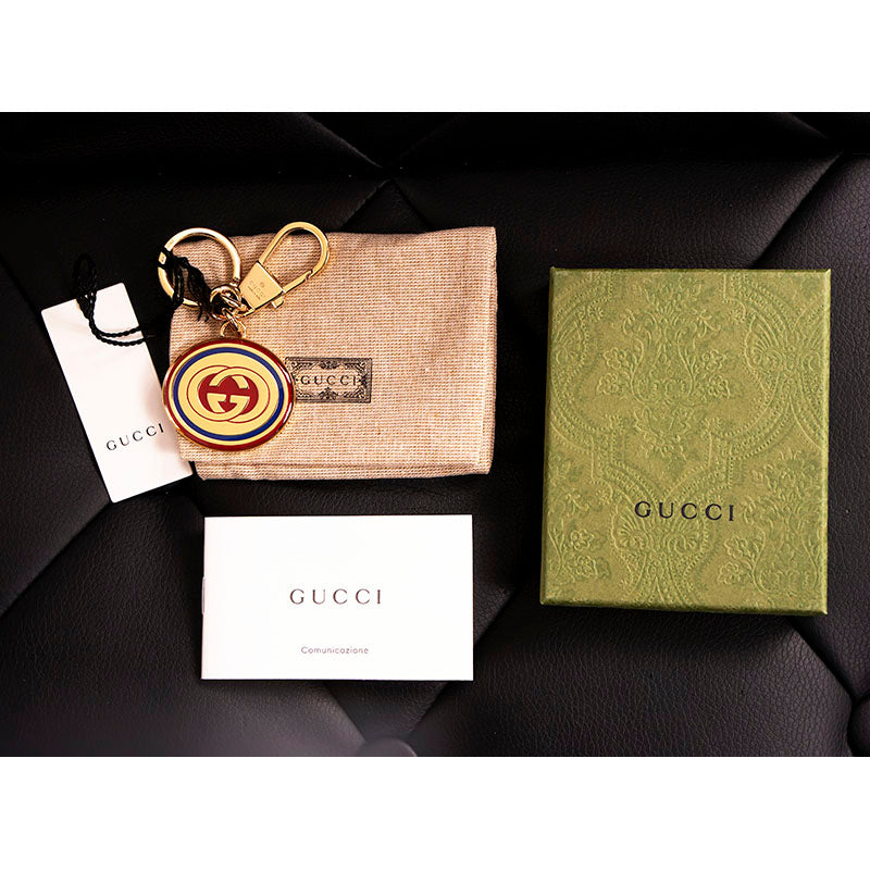 NEW $495 GUCCI Gold Tone Brass Interlocking GG LOGO Red/Blue Enamel KEYCHAIN NIB