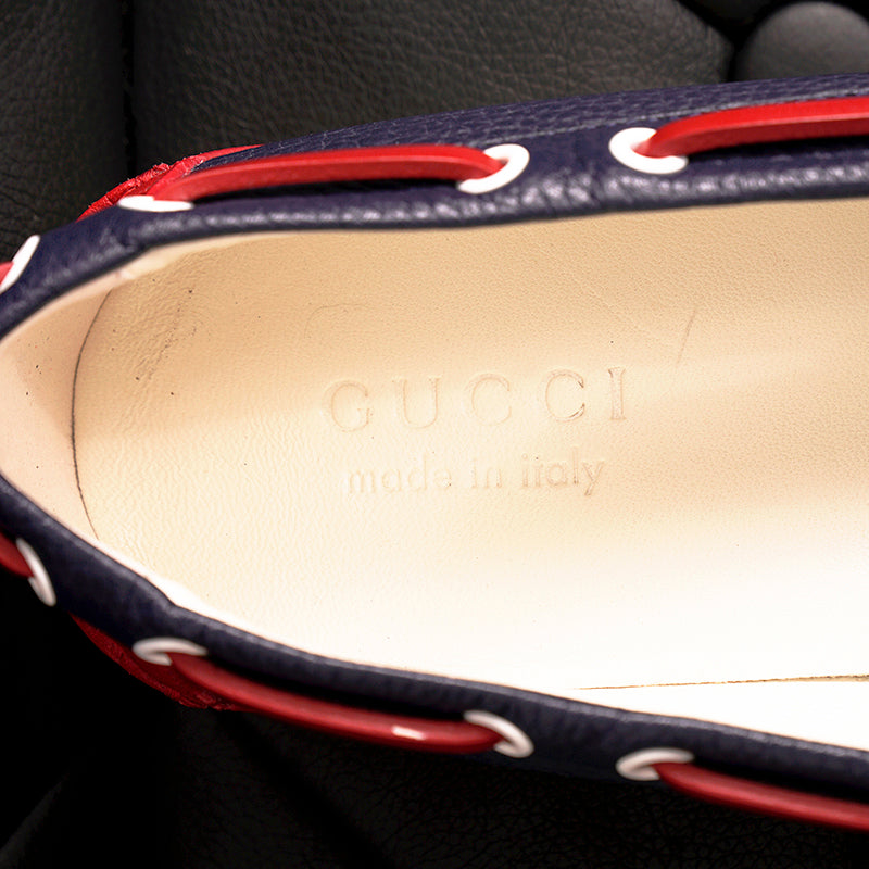 11.5G 12 NEW $890 GUCCI Men's Red White Blue GG Embossed Riverside BOAT LOAFERS