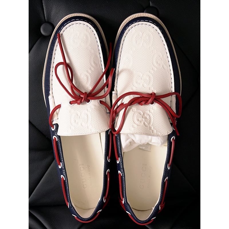 11.5G 12 NEW $890 GUCCI Men's Red White Blue GG Embossed Riverside BOAT LOAFERS