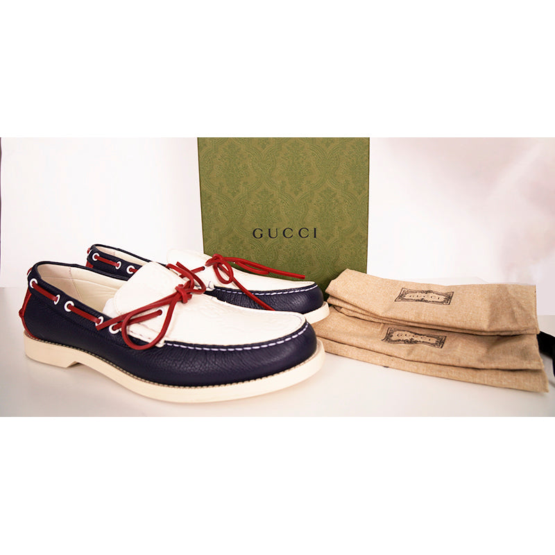 11.5G 12 NEW $890 GUCCI Men's Red White Blue GG Embossed Riverside BOAT LOAFERS