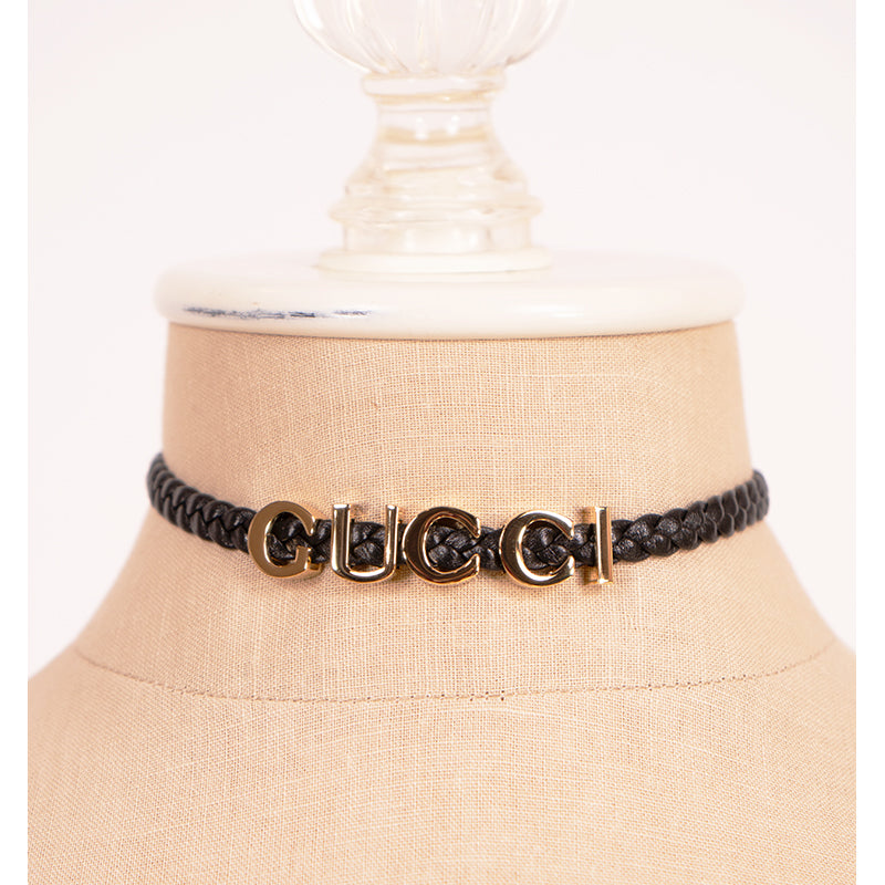 NEW $570 GUCCI Black Braided Leather Gold Tone Brass LOGO CHOKER NECKLACE 15"