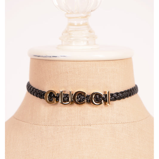 NEW $570 GUCCI Black Braided Leather Gold Tone Brass LOGO CHOKER NECKLACE 15"