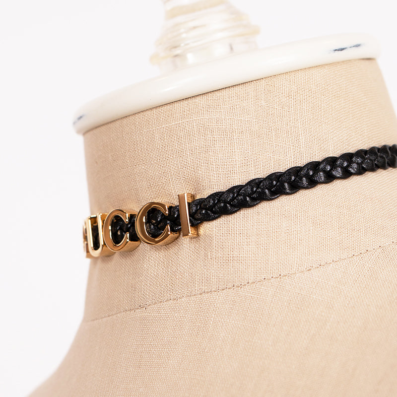NEW $570 GUCCI Black Braided Leather Gold Tone Brass LOGO CHOKER NECKLACE 15"
