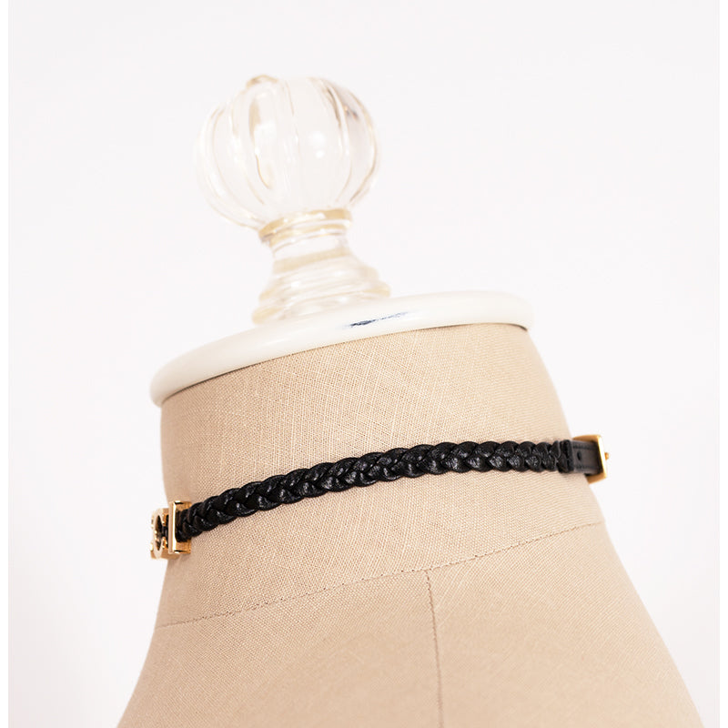 NEW $570 GUCCI Black Braided Leather Gold Tone Brass LOGO CHOKER NECKLACE 15"