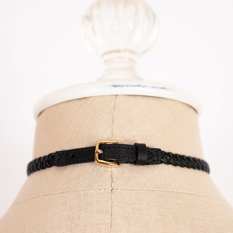 NEW $570 GUCCI Black Braided Leather Gold Tone Brass LOGO CHOKER NECKLACE 15"