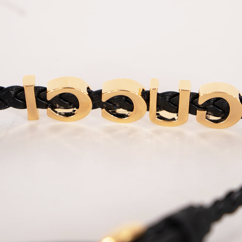 NEW $570 GUCCI Black Braided Leather Gold Tone Brass LOGO CHOKER NECKLACE 15"
