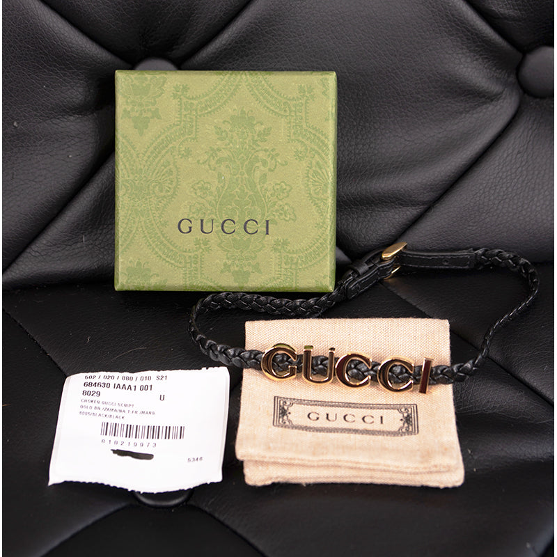 NEW $570 GUCCI Black Braided Leather Gold Tone Brass LOGO CHOKER NECKLACE 15"