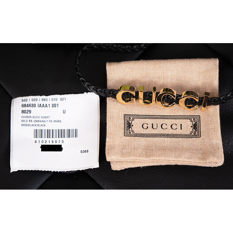 NEW $570 GUCCI Black Braided Leather Gold Tone Brass LOGO CHOKER NECKLACE 15"