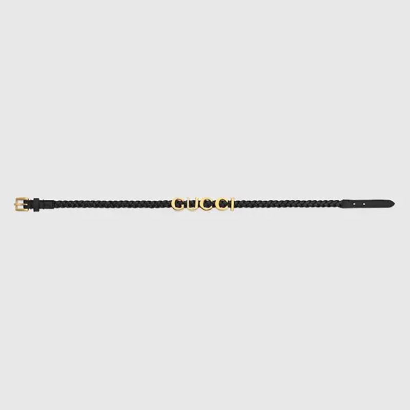 NEW $570 GUCCI Black Braided Leather Gold Tone Brass LOGO CHOKER NECKLACE 15"