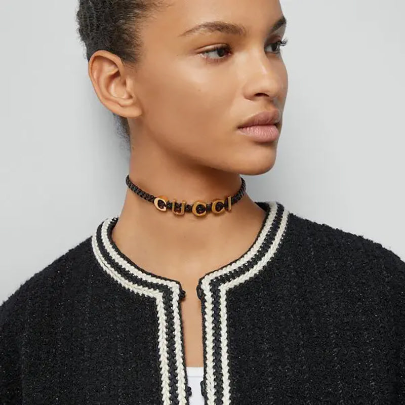 NEW $570 GUCCI Black Braided Leather Gold Tone Brass LOGO CHOKER NECKLACE 15"