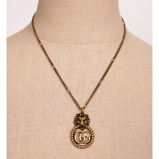 NEW $730 GUCCI Lion Head Aged Gold Tone MARMONT GG LOGO Torchon NECKLACE NIB NWT