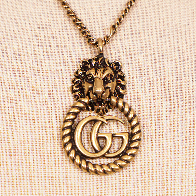 GUCCI★素敵！Lion Head Aged Gold Tone GG LOGO NECKLACE NEW $730 GUCCI Lion Head Aged Gold Tone MARMONT GG LOGO