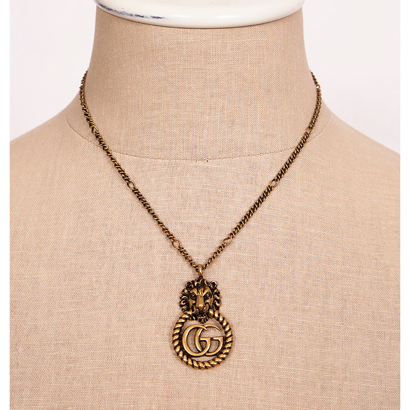 NEW $730 GUCCI Lion Head Aged Gold Tone MARMONT GG LOGO Torchon NECKLACE NIB NWT