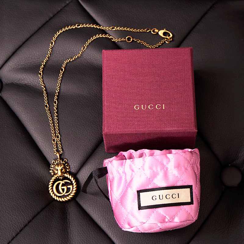 NEW $730 GUCCI Lion Head Aged Gold Tone MARMONT GG LOGO Torchon NECKLACE NIB NWT