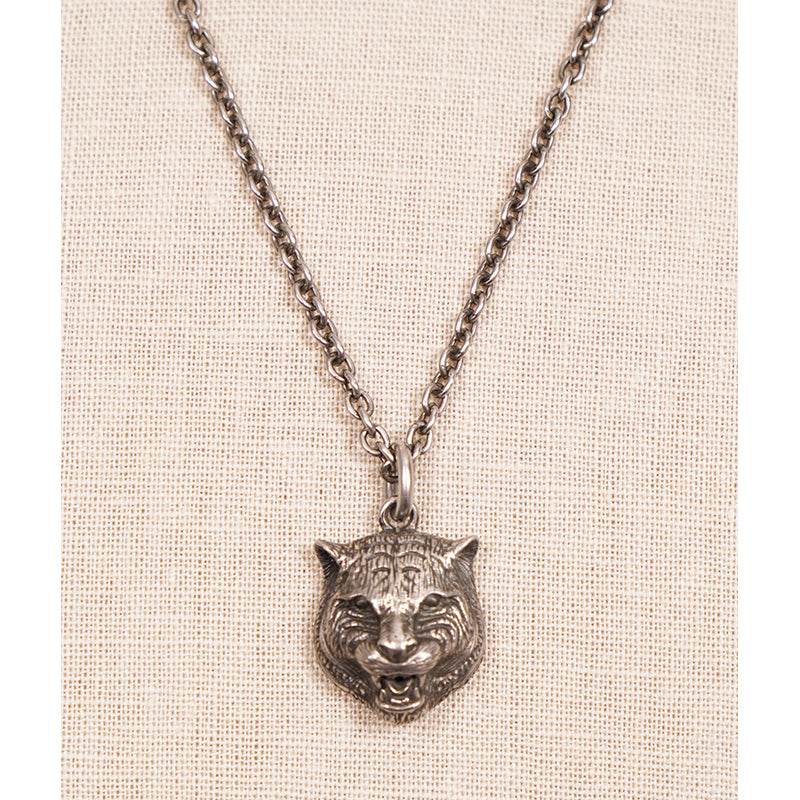 NEW $420 GUCCI Aged Sterling Silver TIGER CAT HEAD LOGO GG Pendant NECKLACE NIB