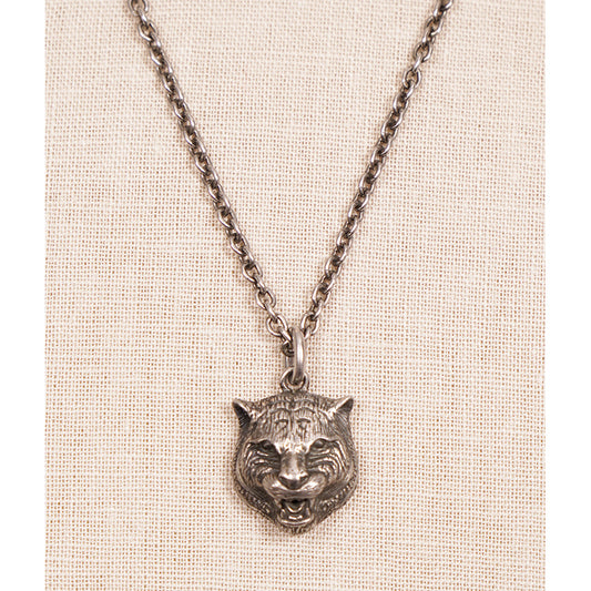 NEW $420 GUCCI Aged Sterling Silver TIGER CAT HEAD LOGO GG Pendant NECKLACE NIB