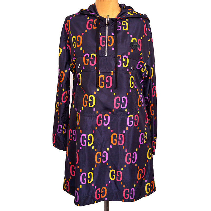 36 NEW $2,600 GUCCI Womans Blue JUMBO GG PRINT Anorak PULLOVER JACKET MINI DRESS