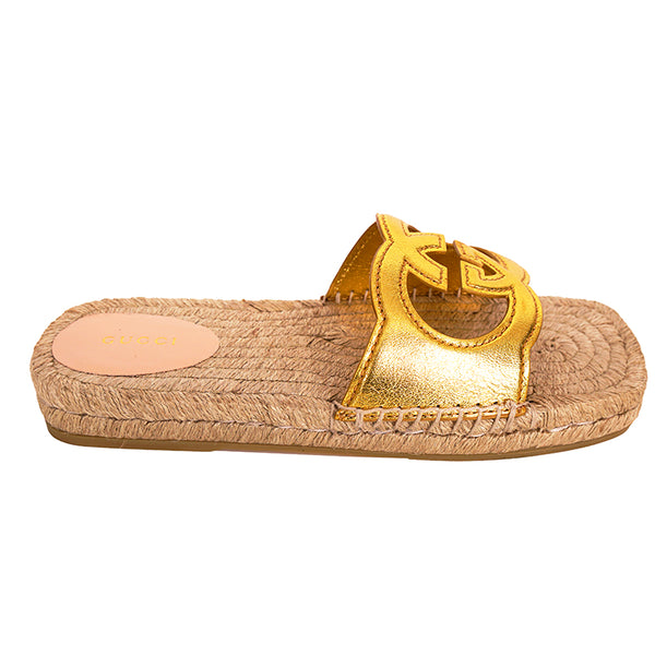 37.5 NEW $660 GUCCI Gold Leather LOGO GG Interlocking Cut Out ESPADRILLE SANDALS