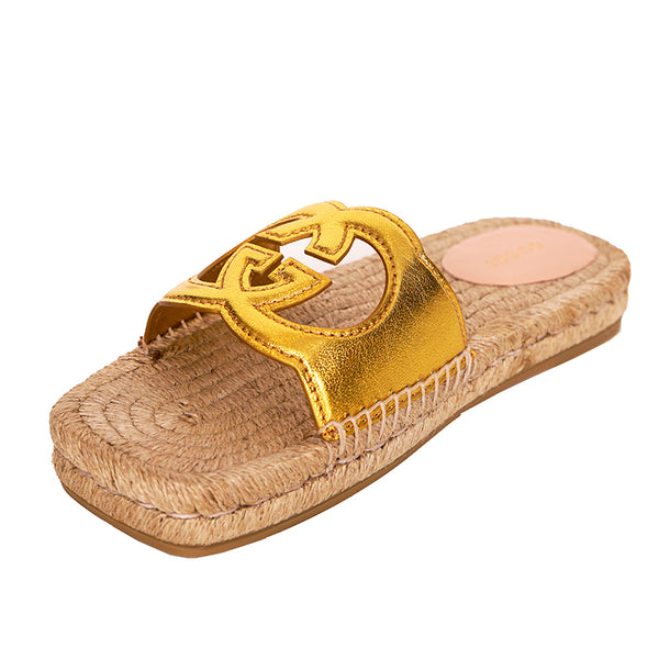 37.5 NEW $660 GUCCI Gold Leather LOGO GG Interlocking Cut Out ESPADRILLE SANDALS