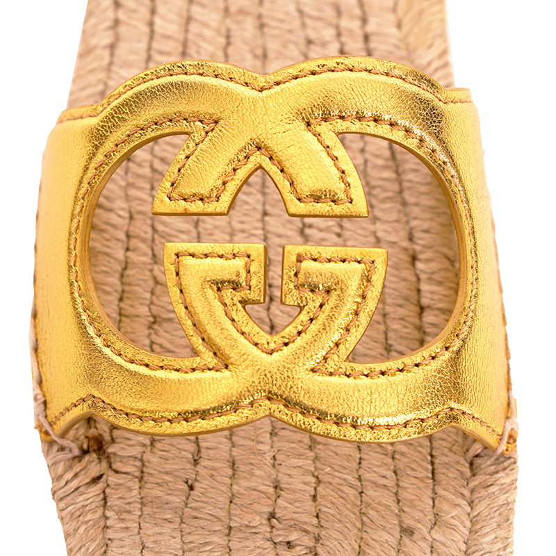 37.5 NEW $660 GUCCI Gold Leather LOGO GG Interlocking Cut Out ESPADRILLE SANDALS