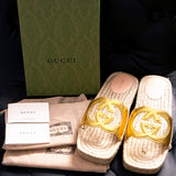 37.5 NEW $660 GUCCI Gold Leather LOGO GG Interlocking Cut Out ESPADRILLE SANDALS