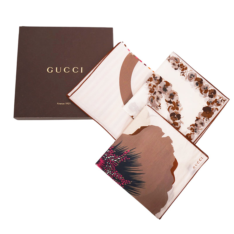 NEW $595 GUCCI Cotton FLORA FLORAL PRINT Handkerchief SET 3 POCKET SQUARE SCARF!