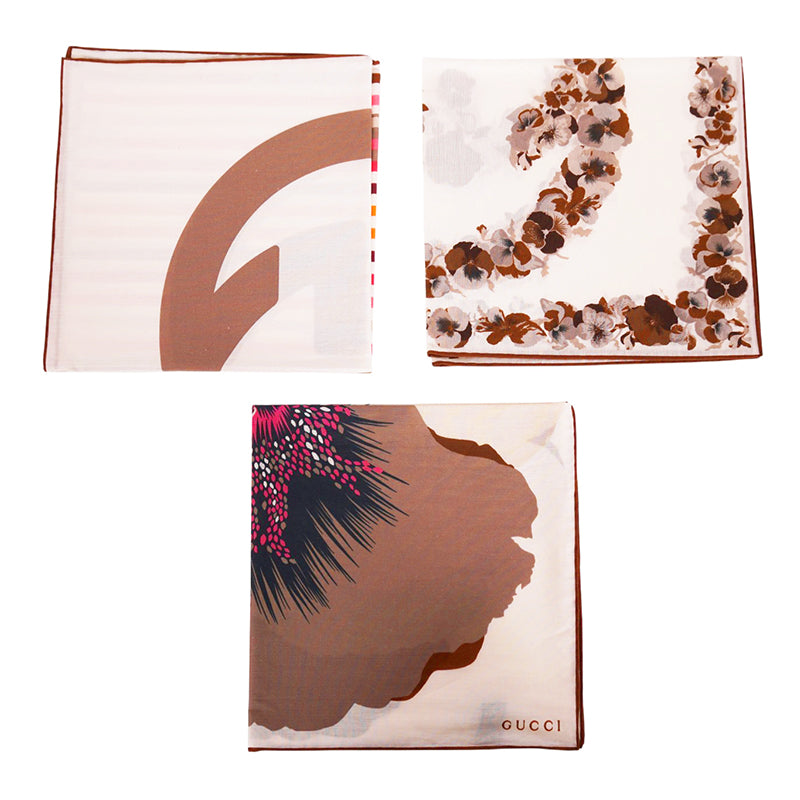 NEW $595 GUCCI Cotton FLORA FLORAL PRINT Handkerchief SET 3 POCKET SQUARE SCARF!