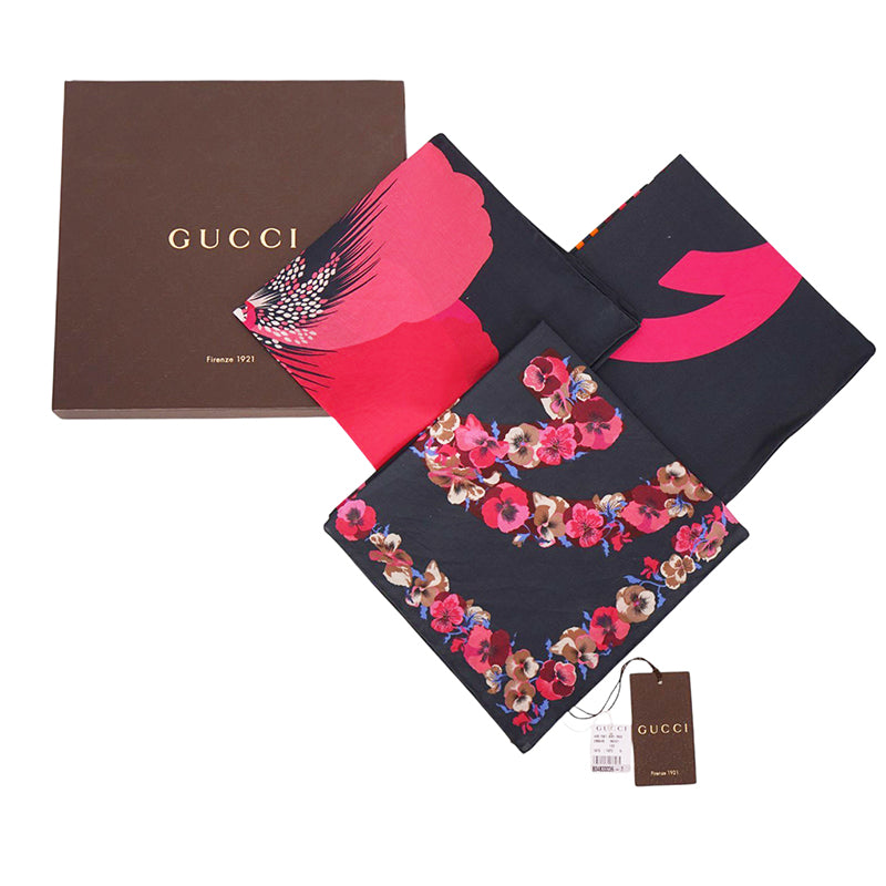 NEW $595 GUCCI Cotton FLORA FLORAL PRINT Handkerchief SET 3 POCKET SQUARE SCARF