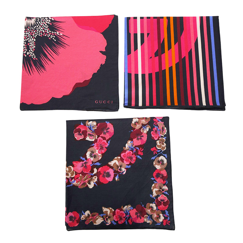 NEW $595 GUCCI Cotton FLORA FLORAL PRINT Handkerchief SET 3 POCKET SQUARE SCARF
