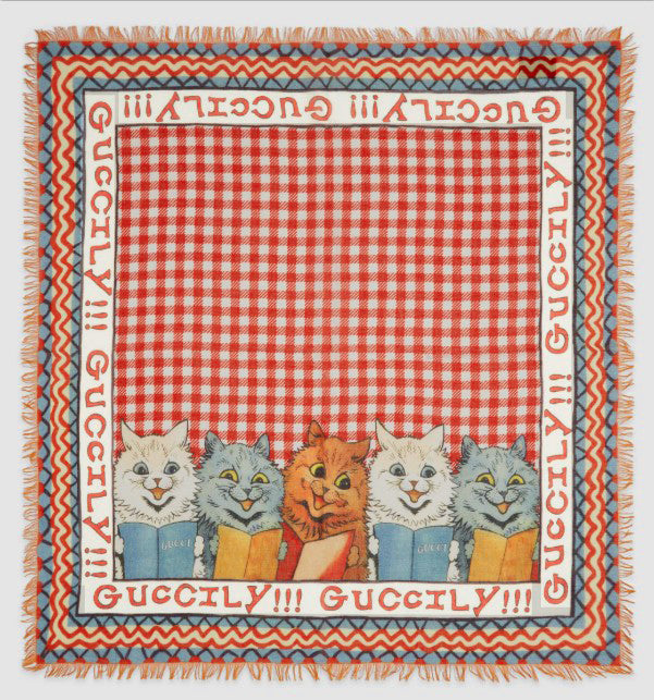 NEW $390 GUCCI Red White GINGHAM Louis Wain CAT READING BOOKS Cartoon Modal SCARF