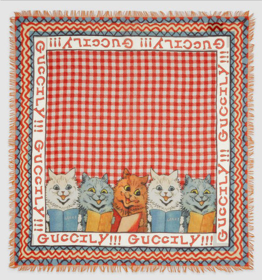 NEW $390 GUCCI Red White GINGHAM Louis Wain CAT READING BOOKS Cartoon Modal SCARF
