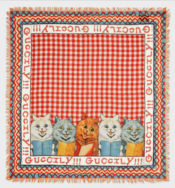NEW $390 GUCCI Red White GINGHAM Louis Wain CAT READING BOOKS Cartoon Modal SCARF