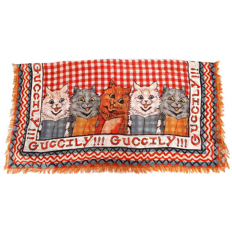 NEW $390 GUCCI Red White GINGHAM Louis Wain CAT READING BOOKS Cartoon Modal SCARF