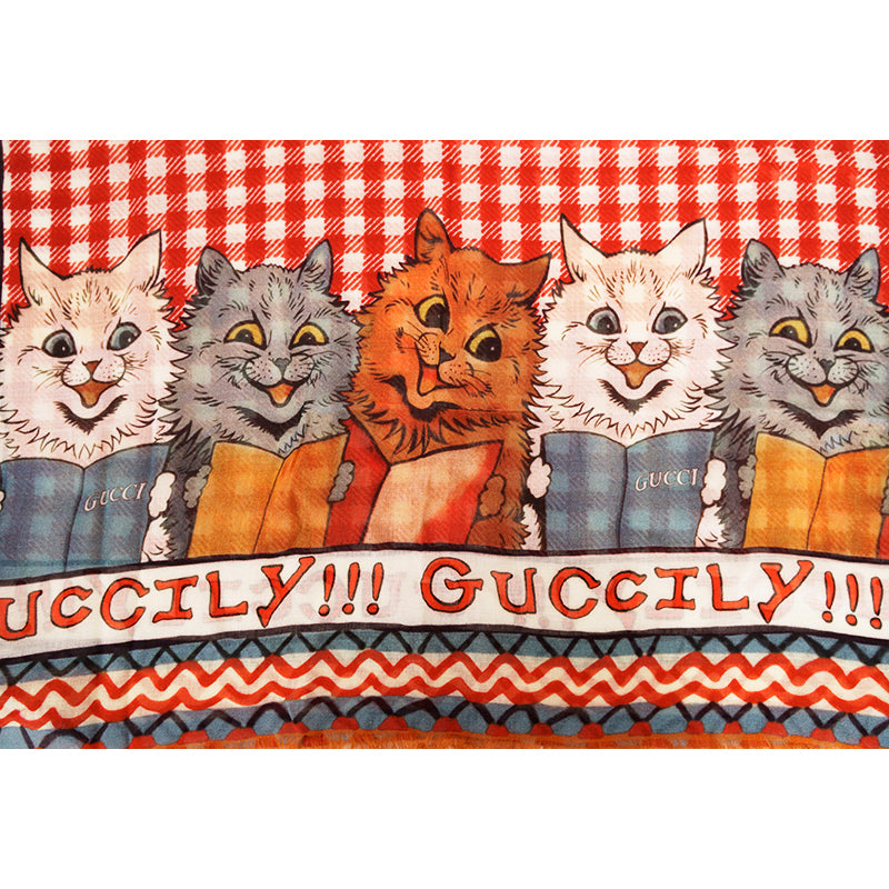 NEW $390 GUCCI Red White GINGHAM Louis Wain CAT READING BOOKS Cartoon Modal SCARF