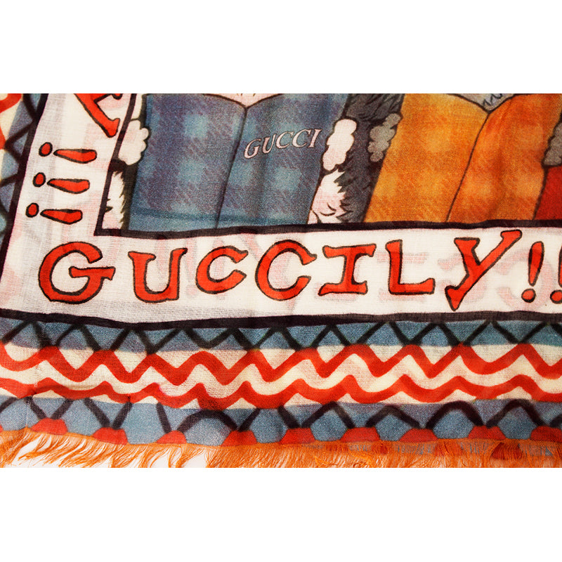 NEW $390 GUCCI Red White GINGHAM Louis Wain CAT READING BOOKS Cartoon Modal SCARF