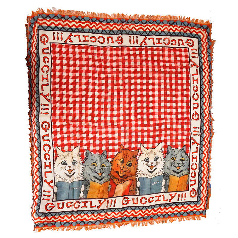 NEW $390 GUCCI Red White GINGHAM Louis Wain CAT READING BOOKS Cartoon Modal SCARF