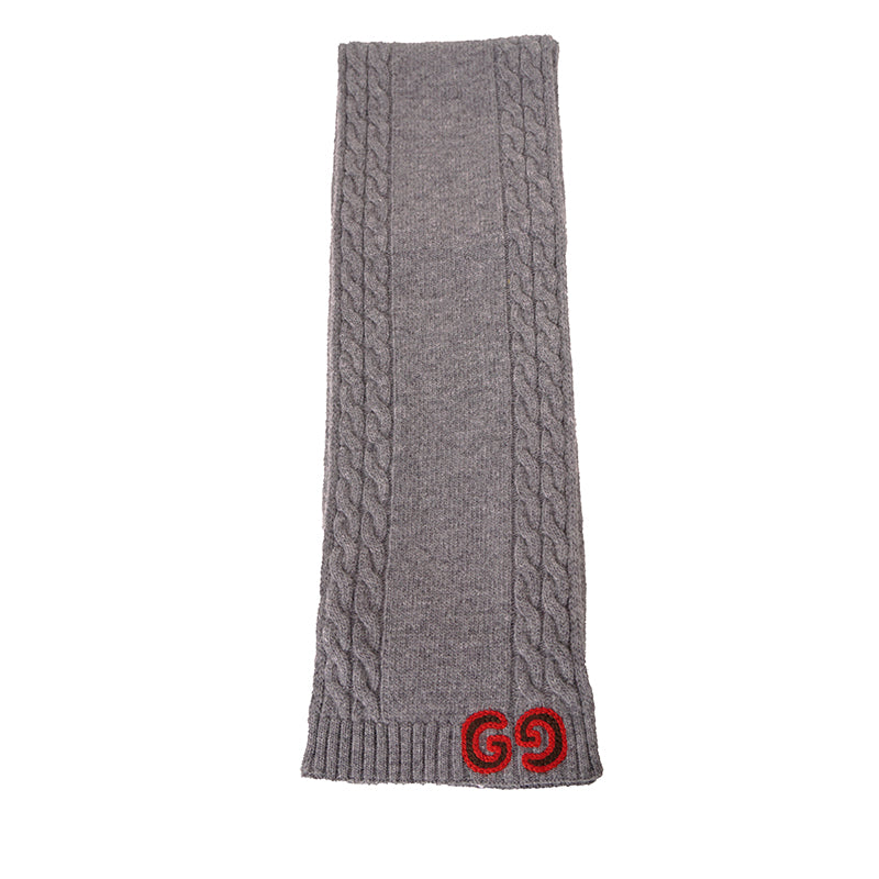 NEW $395 GUCCI Gray Heather 100% Wool CABLE KNIT RED GG LOGO 55" Long SCARF NWT