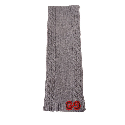 NEW $395 GUCCI Gray Heather 100% Wool CABLE KNIT RED GG LOGO 55" Long SCARF NWT