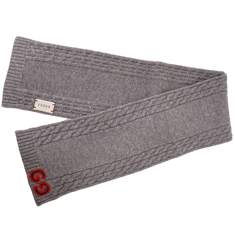 NEW $395 GUCCI Gray Heather 100% Wool CABLE KNIT RED GG LOGO 55" Long SCARF NWT