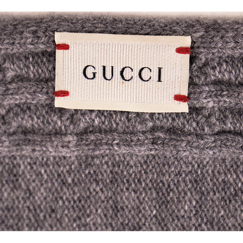 NEW $395 GUCCI Gray Heather 100% Wool CABLE KNIT RED GG LOGO 55" Long SCARF NWT