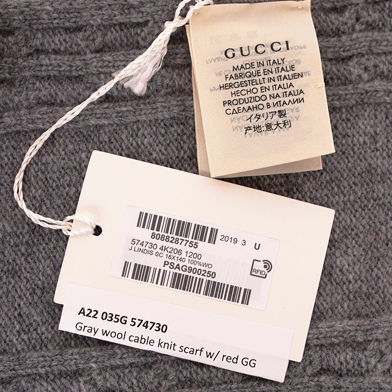 NEW $395 GUCCI Gray Heather 100% Wool CABLE KNIT RED GG LOGO 55" Long SCARF NWT
